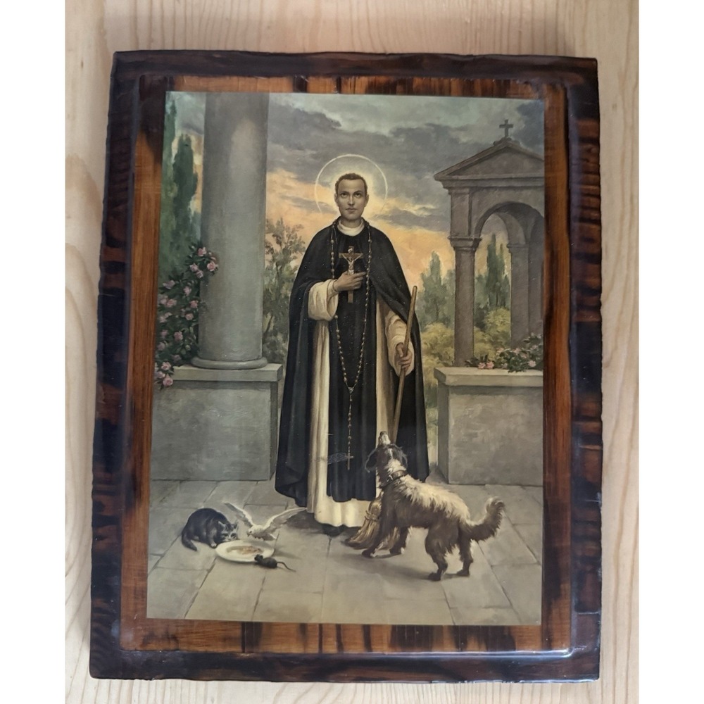 VTG Saint Martin De Porres Fratelli Religious Picture Print Wood Placard Lacquer